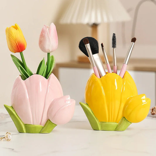 Flower Ceramic Vase Cute Decoration Living Room Flower Arrangement Table Surface Flower Decoration Makeup Pen Storage Bucket