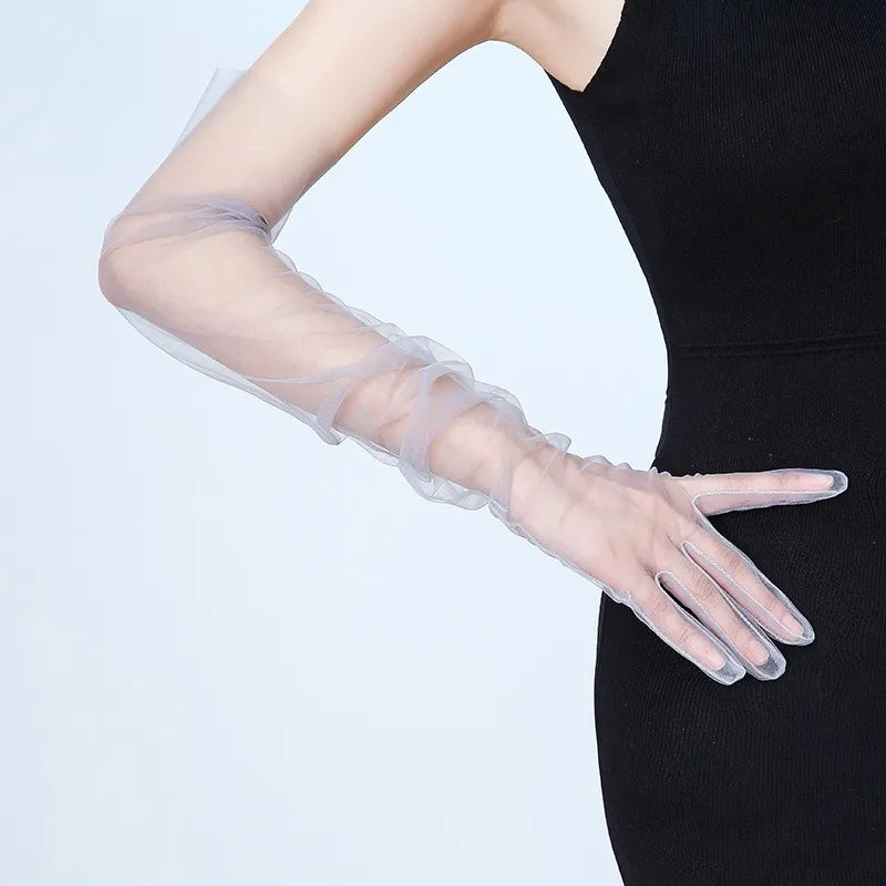 Women Long Sheer Tulle Gloves for Bridal Wedding Accessories Party Transparent Finger Gloves