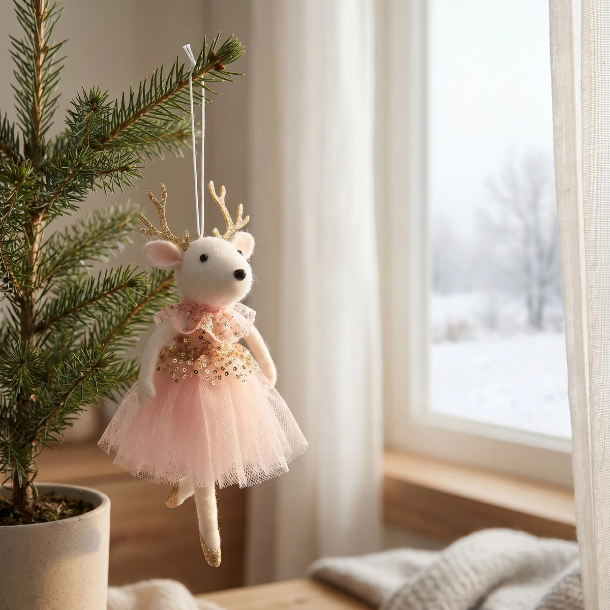 Christmas Reindeer Ballerina Ornaments, Pink White Tulle Dress Hanging Decorations for Tree, Party and Holiday Decor