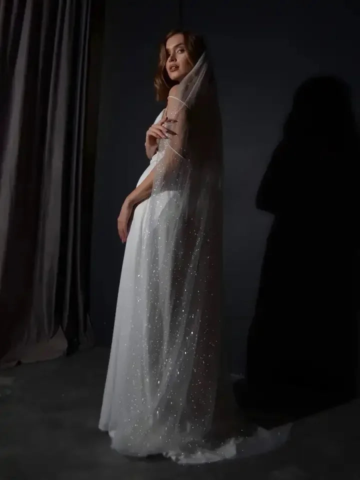 Bling Bling Glitters Veils White Ivory Long Bridal Veil With Comb 1 Tier Fingertip Long Short Wedding Veil with Sparkly Glitters