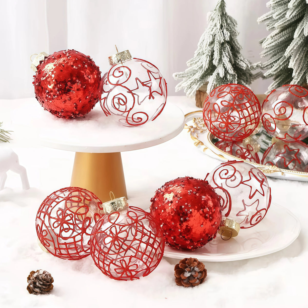 6PCS Glitter Transparent Painted Christmas Balls Set Gold Flower Luxury Xmas Tree Ornaments DIY Hanging Home Decor Navidad