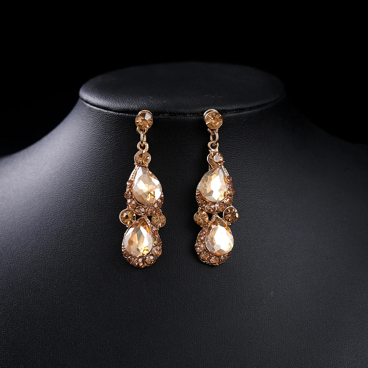 Fashion Champagne Gold Crystal Rhinestone Tiara And Crowns With Necklace Earrings Sets Wedding Hair Accessories For Women Bride