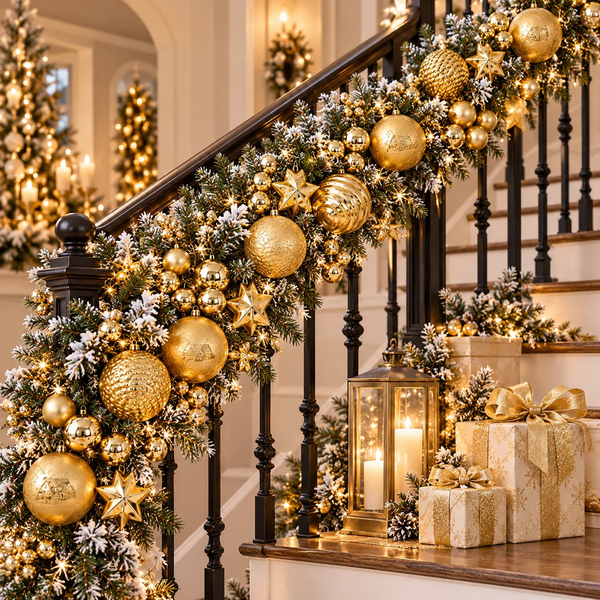 44PCS Gold Christmas Ball Ornaments Set, 3cm 6cm Mixed Size Baubles Star Decorations for Xmas Tree Holiday Party Decor
