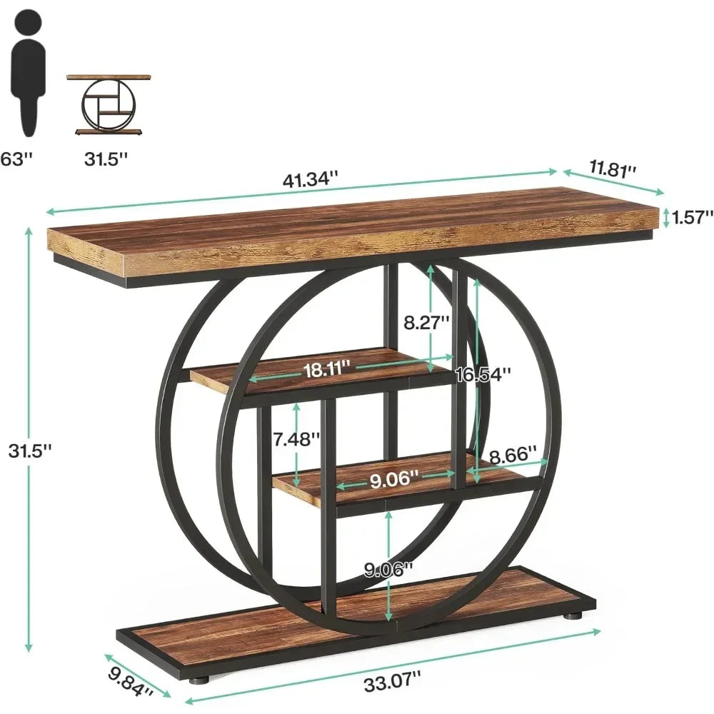 th 41.3" Console Table, Industrial 4-Tier Sofa Table Entryway Table with Circle Base, for Living Room, Hallway, Rustic Brown