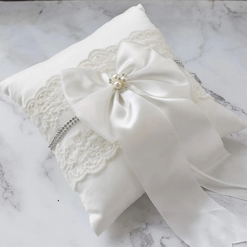 Wedding Flower Girl Basket and Ring Pillow Set Silk Ribbon Bow Flower Embroidery Pearl Decoration Party Candy Basket
