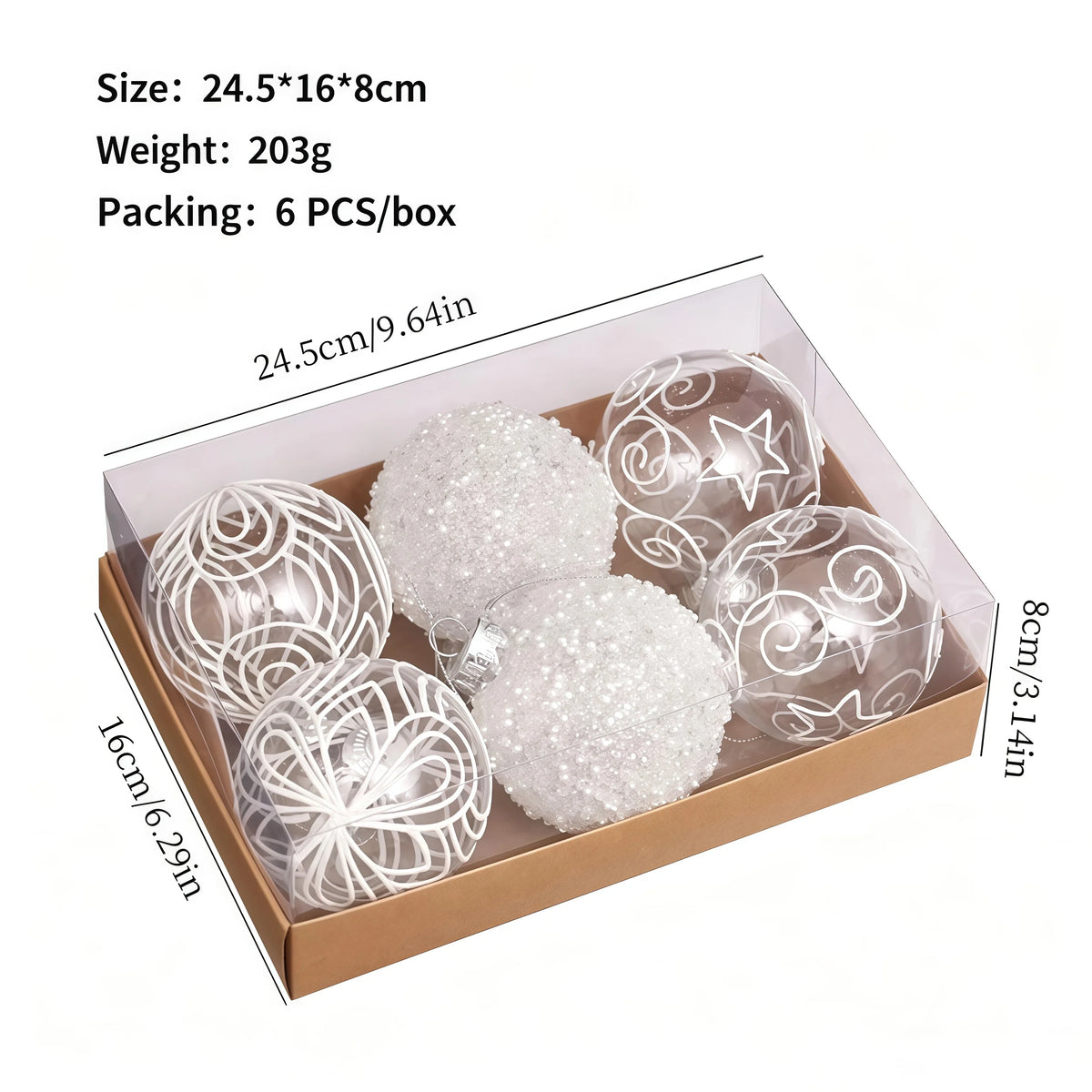 6PCS Glitter Transparent Painted Christmas Balls Set Gold Flower Luxury Xmas Tree Ornaments DIY Hanging Home Decor Navidad