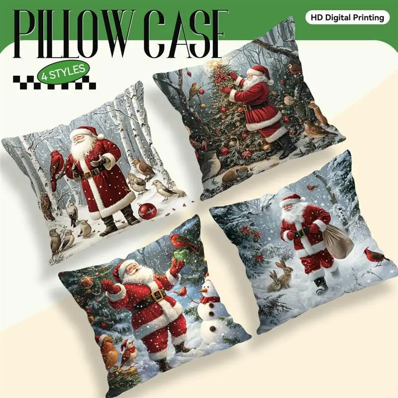 Home Decor Santa and Winter Wildlife Christmas Pillow Pattern Cushion Cover Suitable for Sofa Bedroom Car Pillow Cover