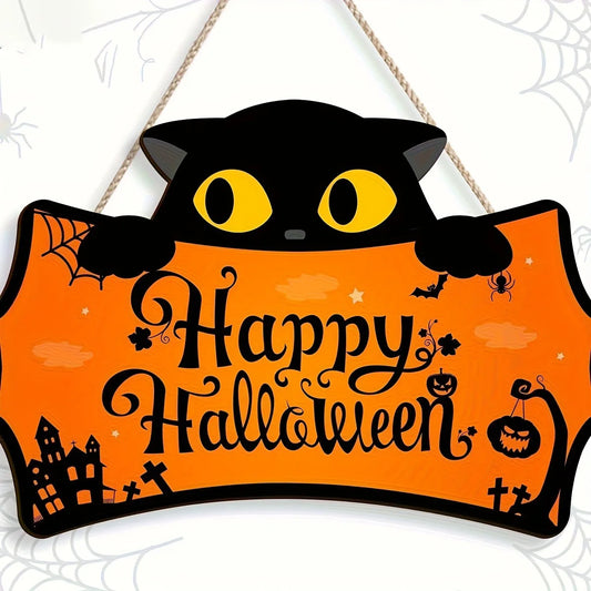Black Cat Halloween Wooden Hanging Sign
