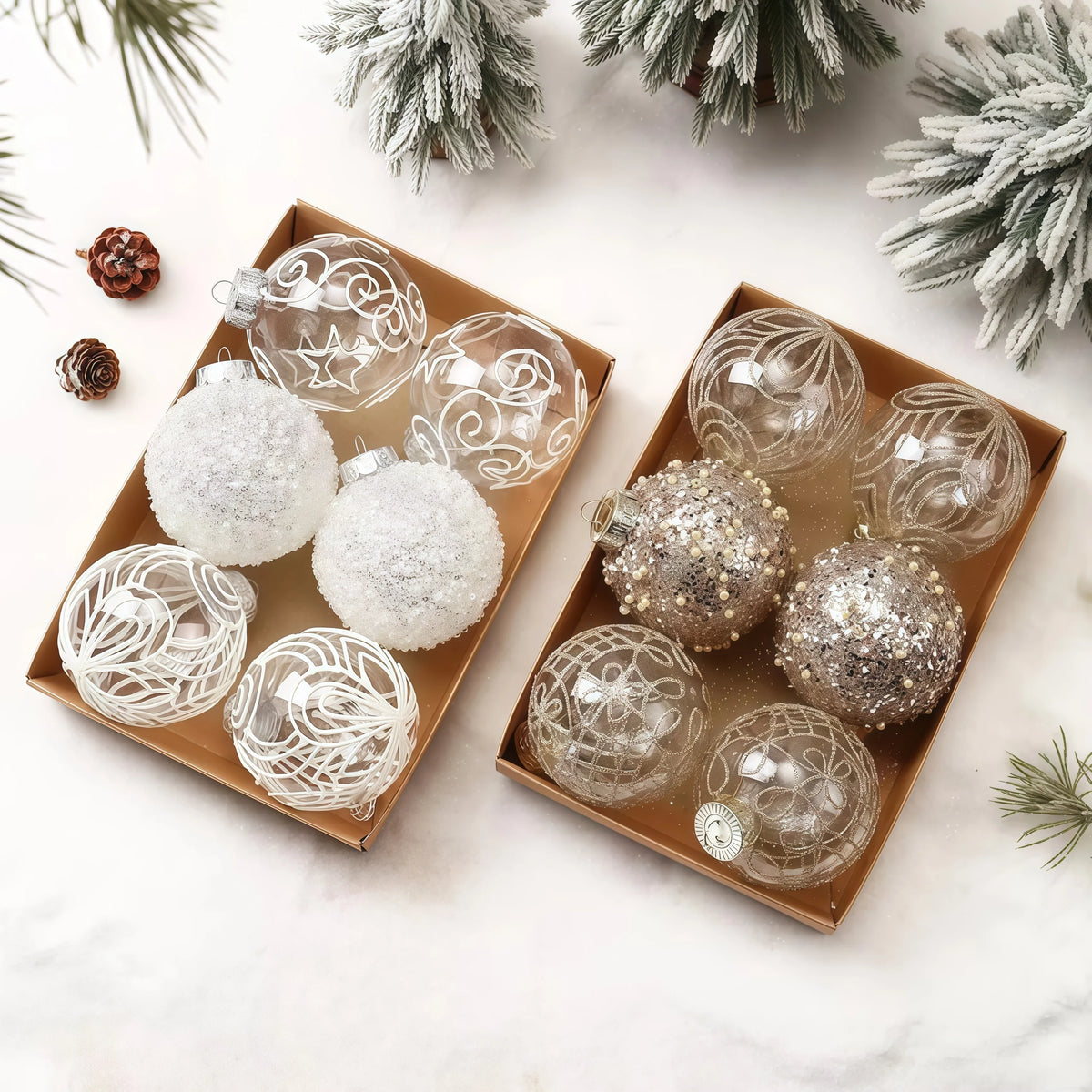 6PCS Glitter Transparent Painted Christmas Balls Set Gold Flower Luxury Xmas Tree Ornaments DIY Hanging Home Decor Navidad
