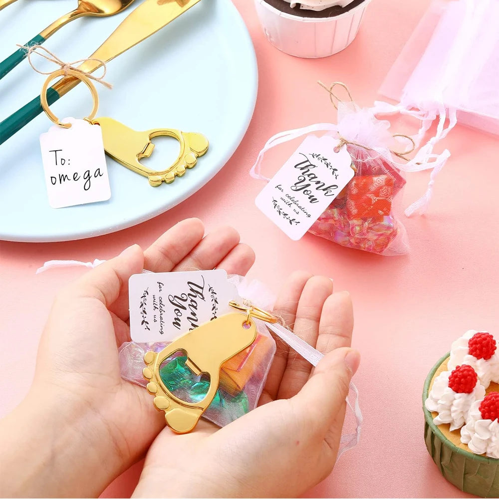 10 set baby shower gift set small foot bottle opener keychain souvenir with hard gauze bag thank you label themed party gift