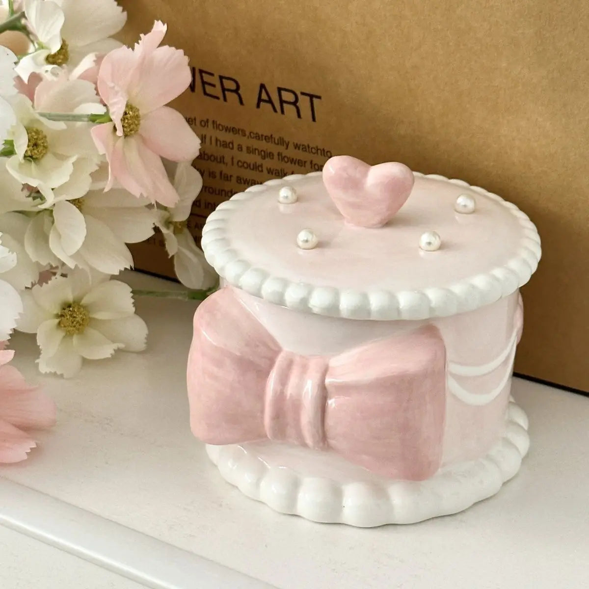Creative Bow Ceramic Pearl Jewelry Box Cute Painted Tabletop Trinket Holiday Gift Girl Cosmetics Storage Jar Home Decoration New