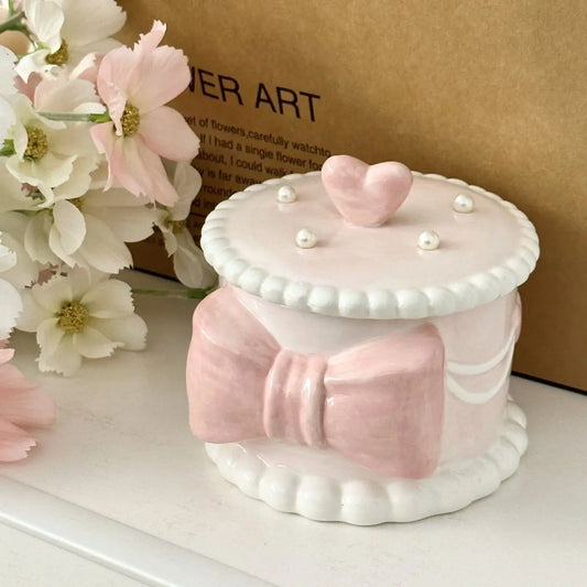 Creative Bow Ceramic Pearl Jewelry Box Cute Painted Tabletop Trinket Holiday Gift Girl Cosmetics Storage Jar Home Decoration New