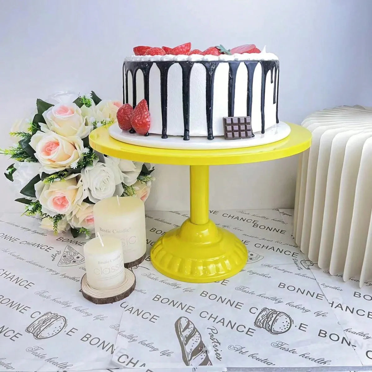 Yellow Cake Stand Wrought Iron Dessert Tray Afternoon Tea Birthday Party Home Decor Fruit Display Stand Plate