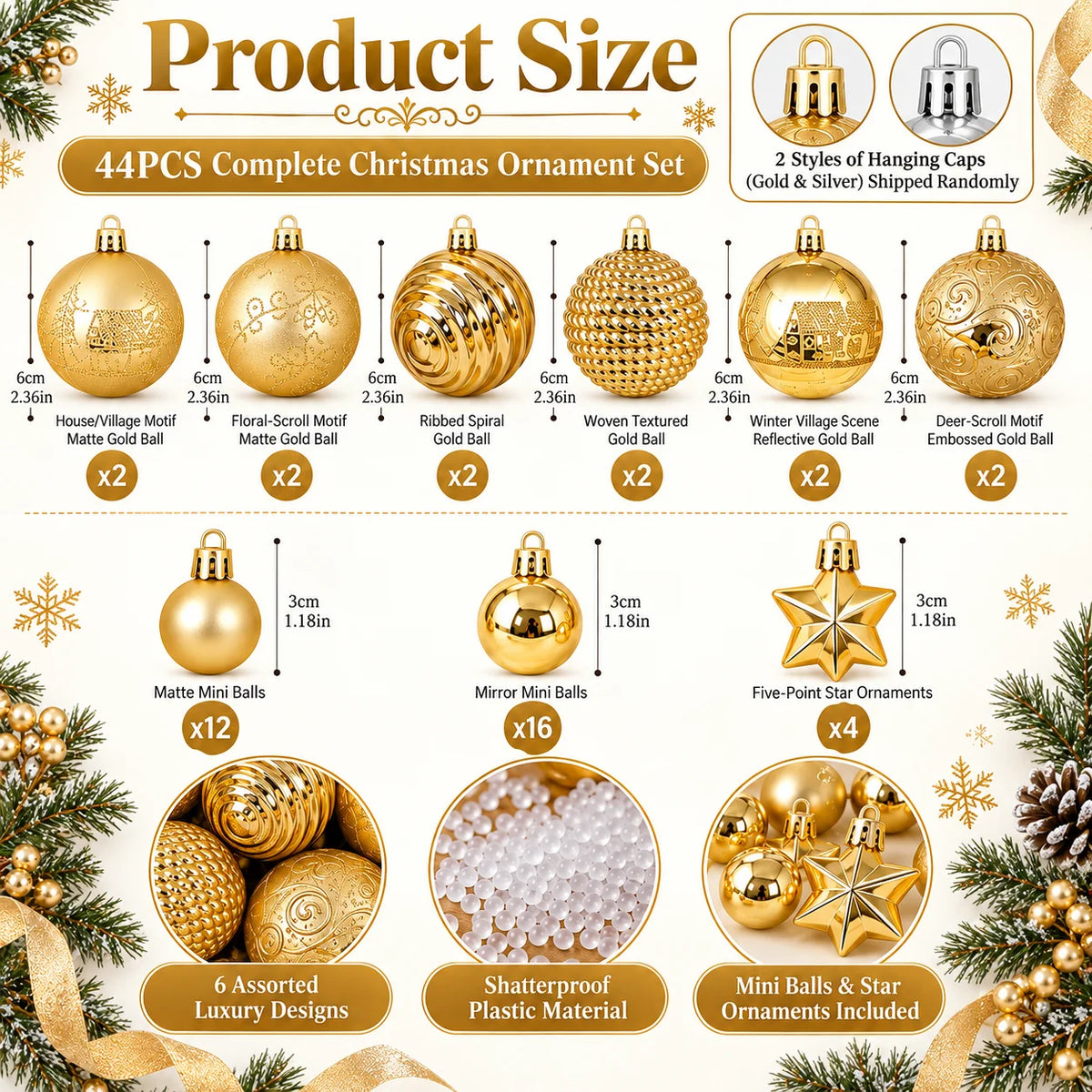 44PCS Gold Christmas Ball Ornaments Set, 3cm 6cm Mixed Size Baubles Star Decorations for Xmas Tree Holiday Party Decor
