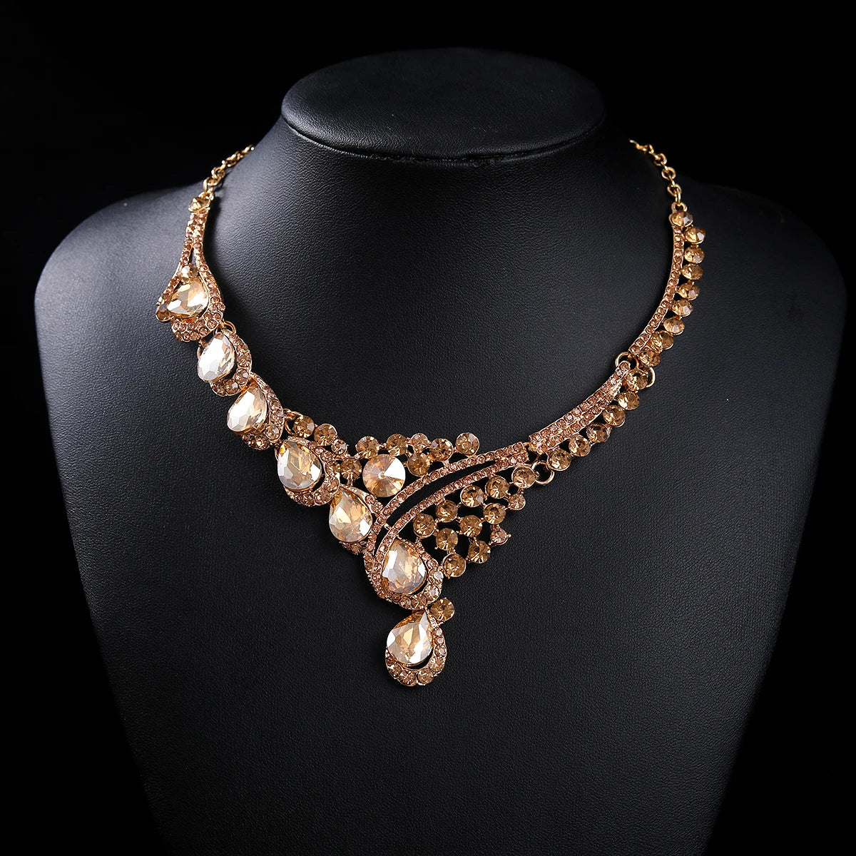 Fashion Champagne Gold Crystal Rhinestone Tiara And Crowns With Necklace Earrings Sets Wedding Hair Accessories For Women Bride