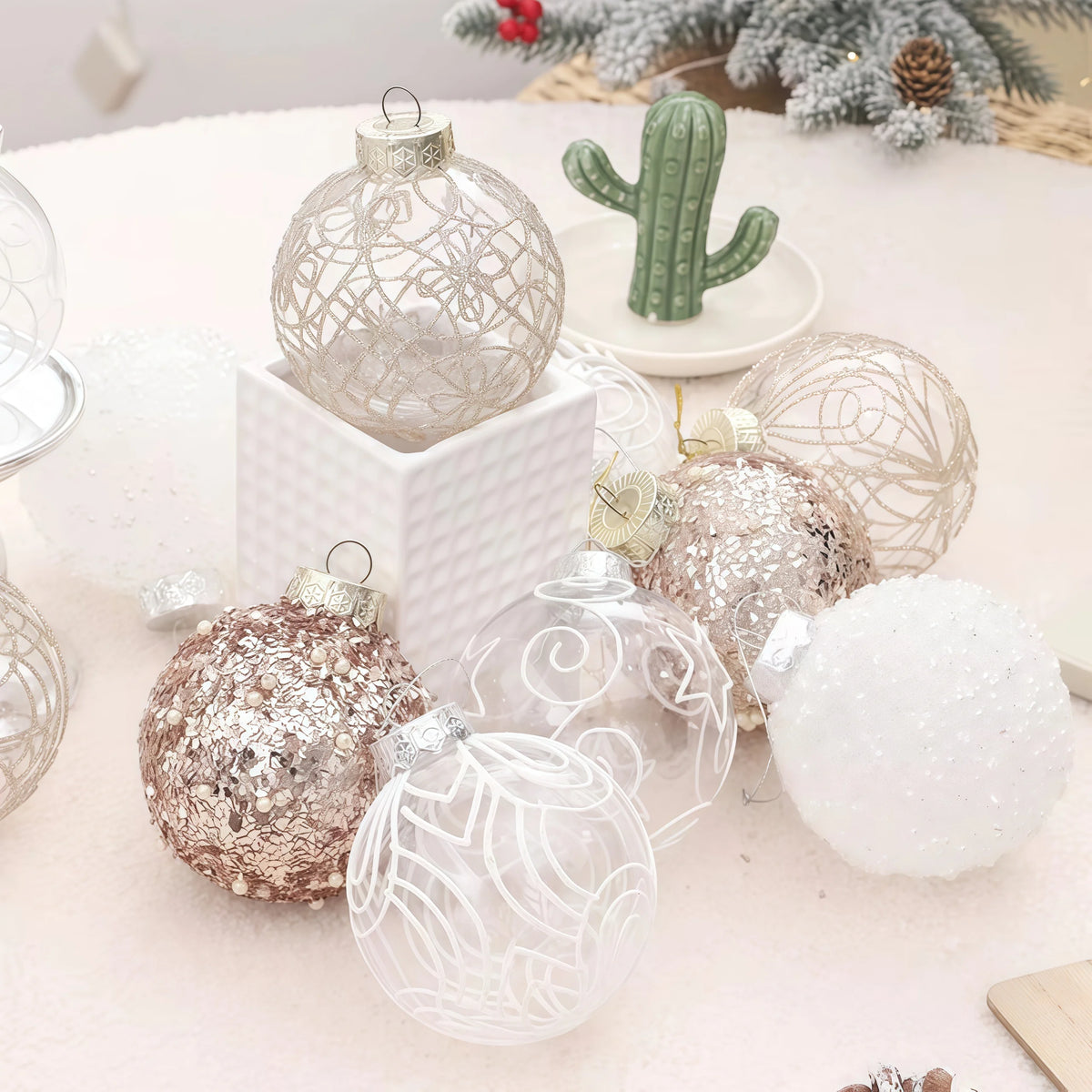 6PCS Glitter Transparent Painted Christmas Balls Set Gold Flower Luxury Xmas Tree Ornaments DIY Hanging Home Decor Navidad
