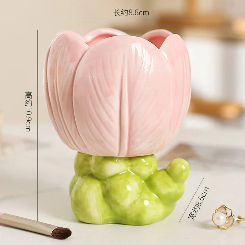 Flower Ceramic Vase Cute Decoration Living Room Flower Arrangement Table Surface Flower Decoration Makeup Pen Storage Bucket