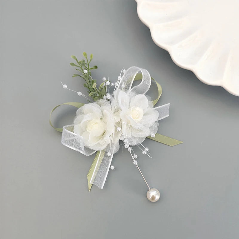 New Girl Bridesmaid Wrist Corsage Bridal Prom Party Boutonniere Satin Rose Brooch Bracelet Fabric Hand Flower Wedding Accessory