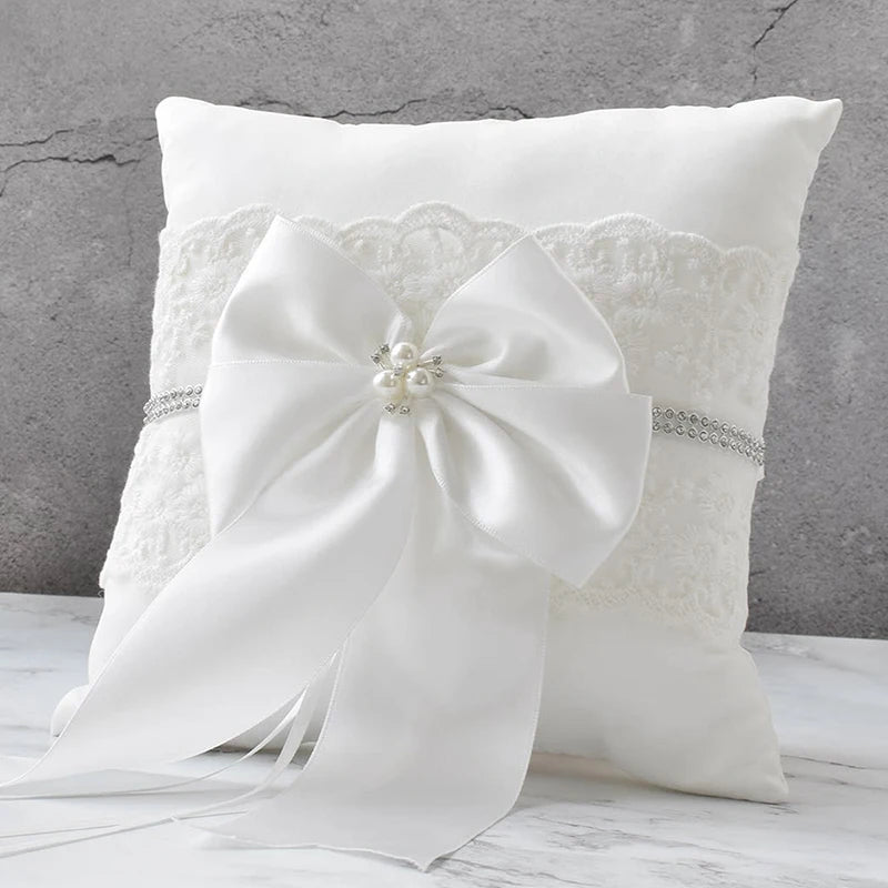 Wedding Flower Girl Basket and Ring Pillow Set Silk Ribbon Bow Flower Embroidery Pearl Decoration Party Candy Basket