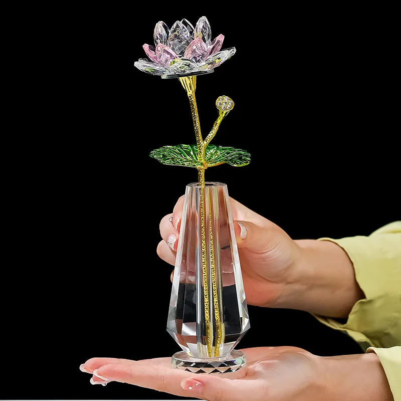 Sparkle Crystal Lotus Flower Figurine Handmade Glass Lotus Flowers Art Wedding Decor Feng Shui Home Table Decor