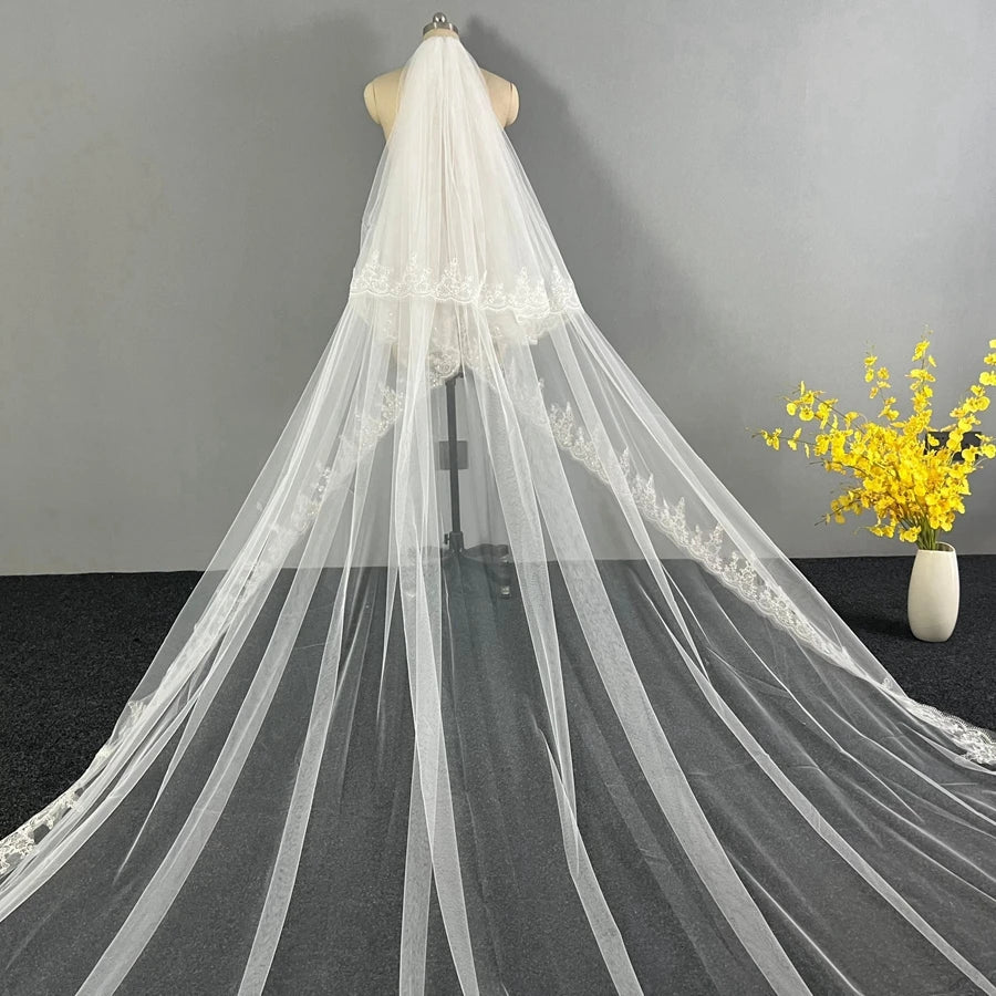 New Arrival Two Layers White Ivory Cathedral Wedding veils Lace Appliques Bride wedding accessories Boda velo de novia