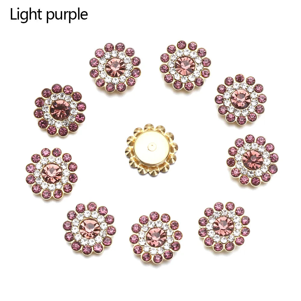 10PCS 14mm Flower-shaped Rhinestone Buttons Sparkling Crystal Glass Stone Steel Bottom Clothes Decoration Sewing Accessories