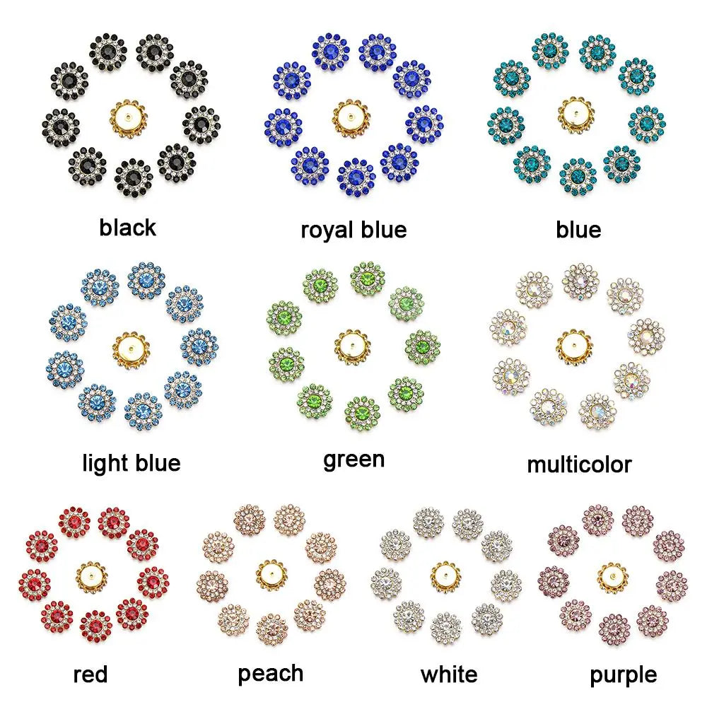 10PCS 14mm Flower-shaped Rhinestone Buttons Sparkling Crystal Glass Stone Steel Bottom Clothes Decoration Sewing Accessories