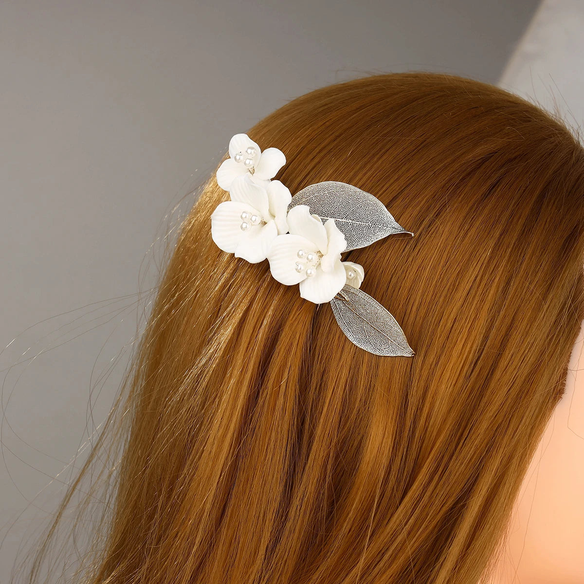 Porcelain flower bridal wedding hair ornament, silver leaf bridal tiara, pearl hair ornament for ladies and girls
