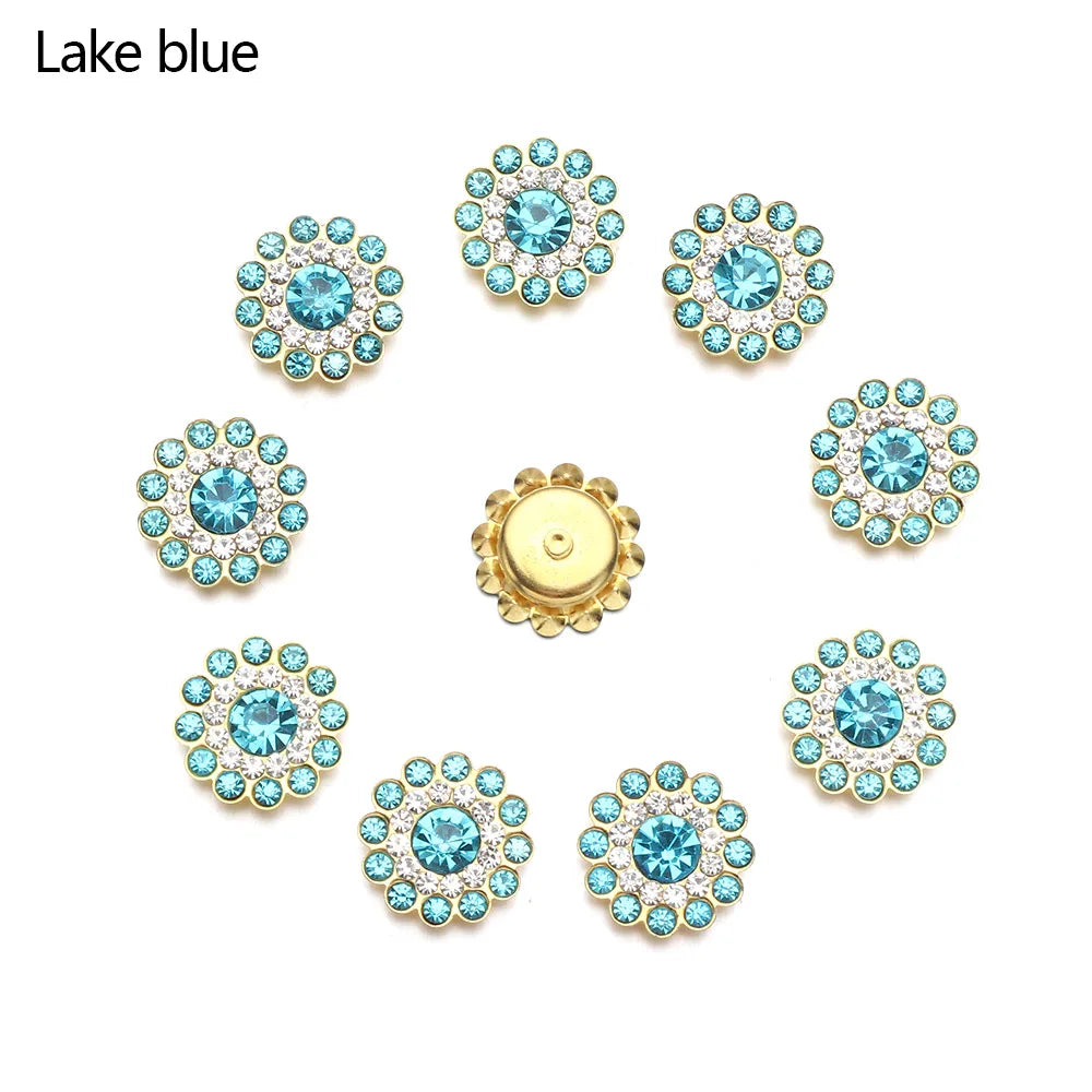 10PCS 14mm Flower-shaped Rhinestone Buttons Sparkling Crystal Glass Stone Steel Bottom Clothes Decoration Sewing Accessories