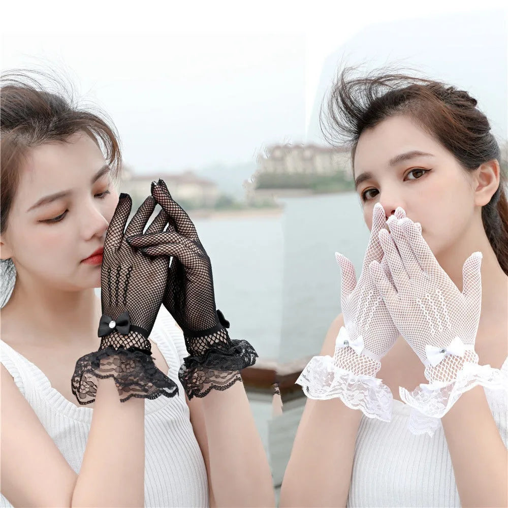 Sexy Transparentes Dot Print Black White Mesh Tulle GloveSpring Summer Thin Short Glove Club Prom Party Dancing Dress Glove
