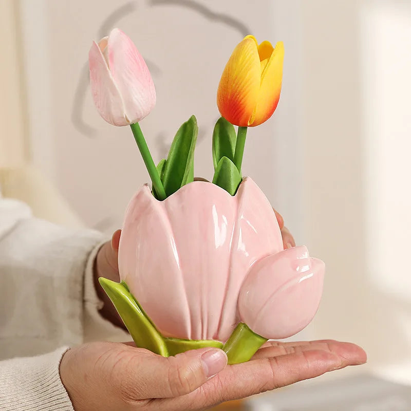 Flower Ceramic Vase Cute Decoration Living Room Flower Arrangement Table Surface Flower Decoration Makeup Pen Storage Bucket
