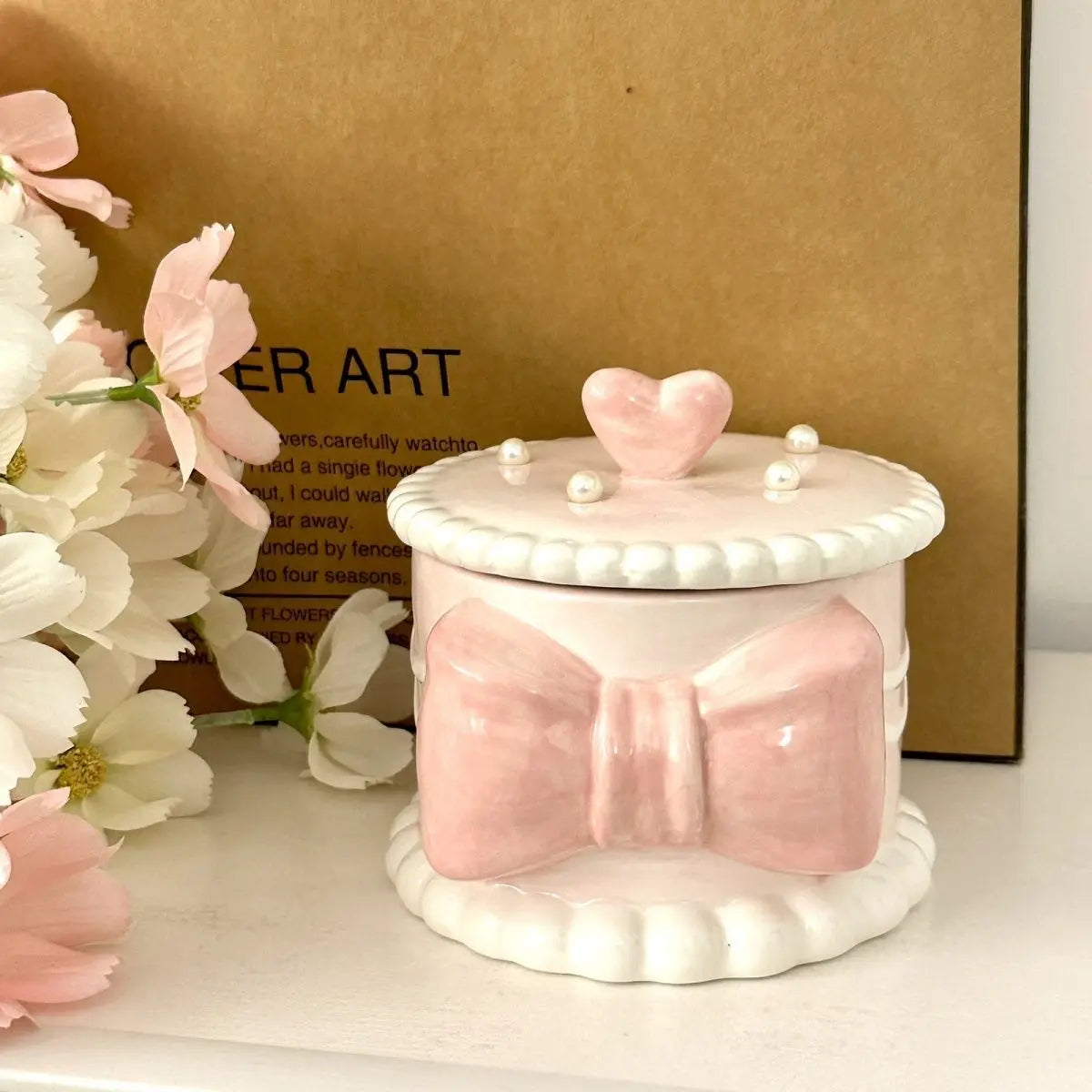 Creative Bow Ceramic Pearl Jewelry Box Cute Painted Tabletop Trinket Holiday Gift Girl Cosmetics Storage Jar Home Decoration New