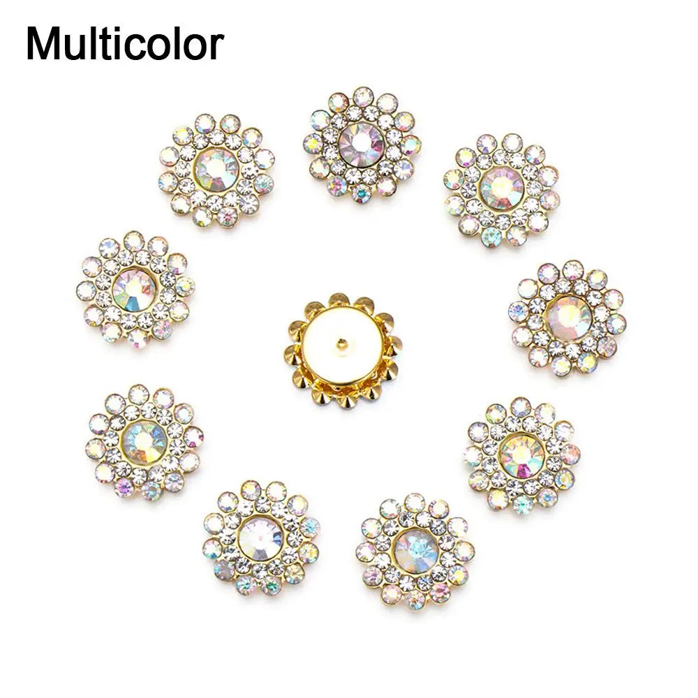10PCS 14mm Flower-shaped Rhinestone Buttons Sparkling Crystal Glass Stone Steel Bottom Clothes Decoration Sewing Accessories