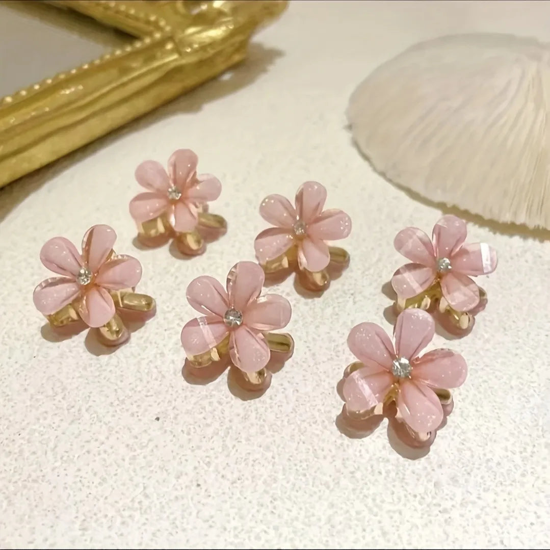 6pcs Elegant Bling Bling Rhinestone Flower Shaped Hair Grab Clips, Faux Pearl Decorative Hair Barrettes, Trendy Hair Decoration