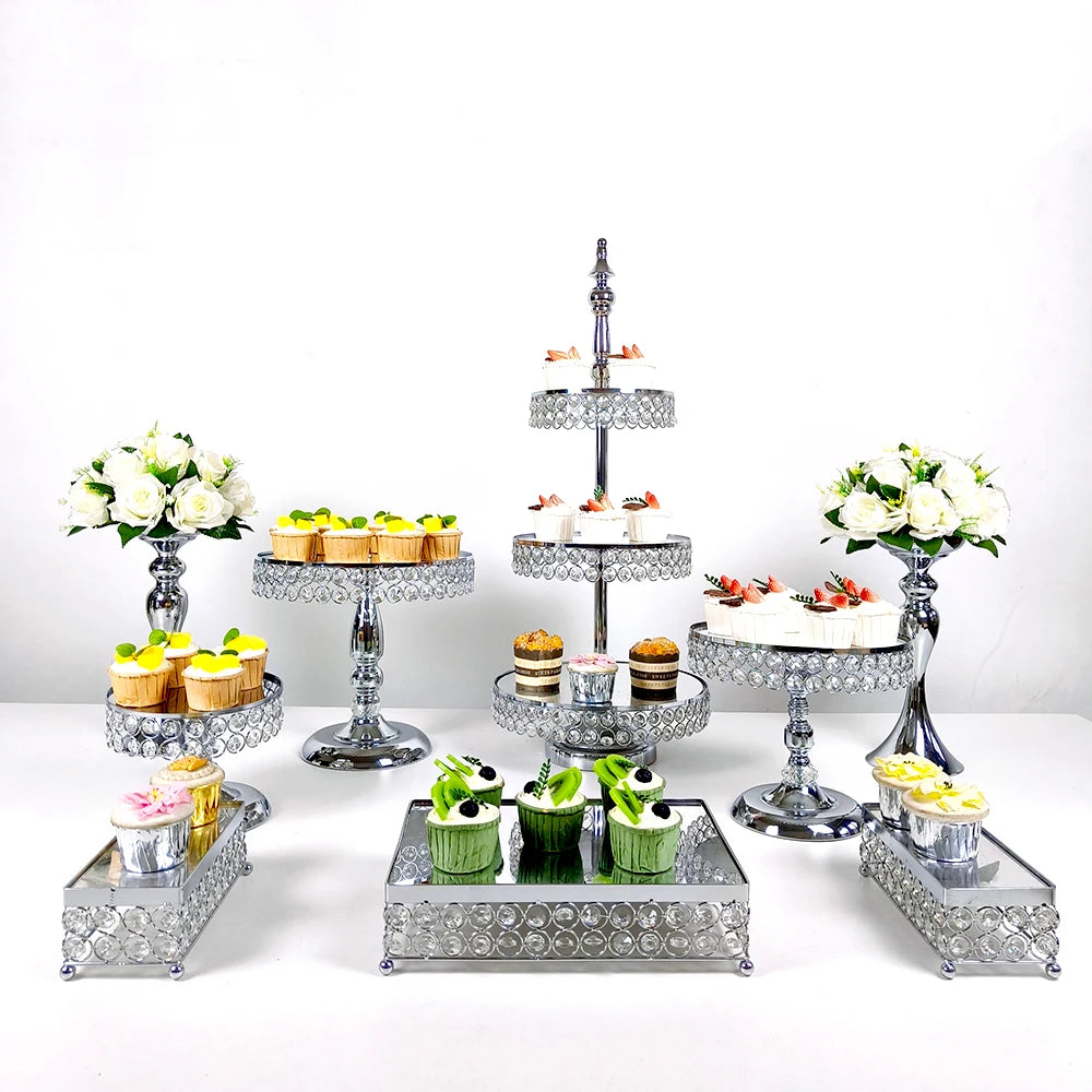 6Pcs-9PcsCake Stand Set with Crystal Beaded Mirror Metal Dessert Table Display Stands Cupcake Holder for Birthday Party Festival