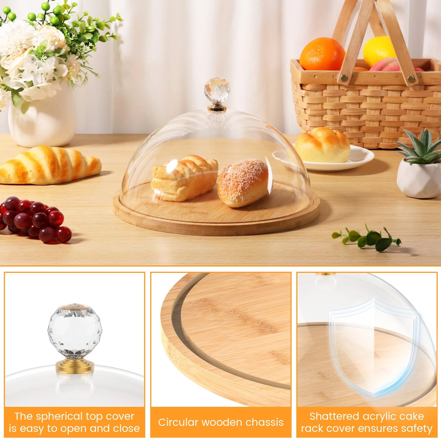 Round Cake Stand for Party Wooden Cake Holder with Acrylic Lid Dessert Display Stand for Butter Cheese Storage Wedding Decor