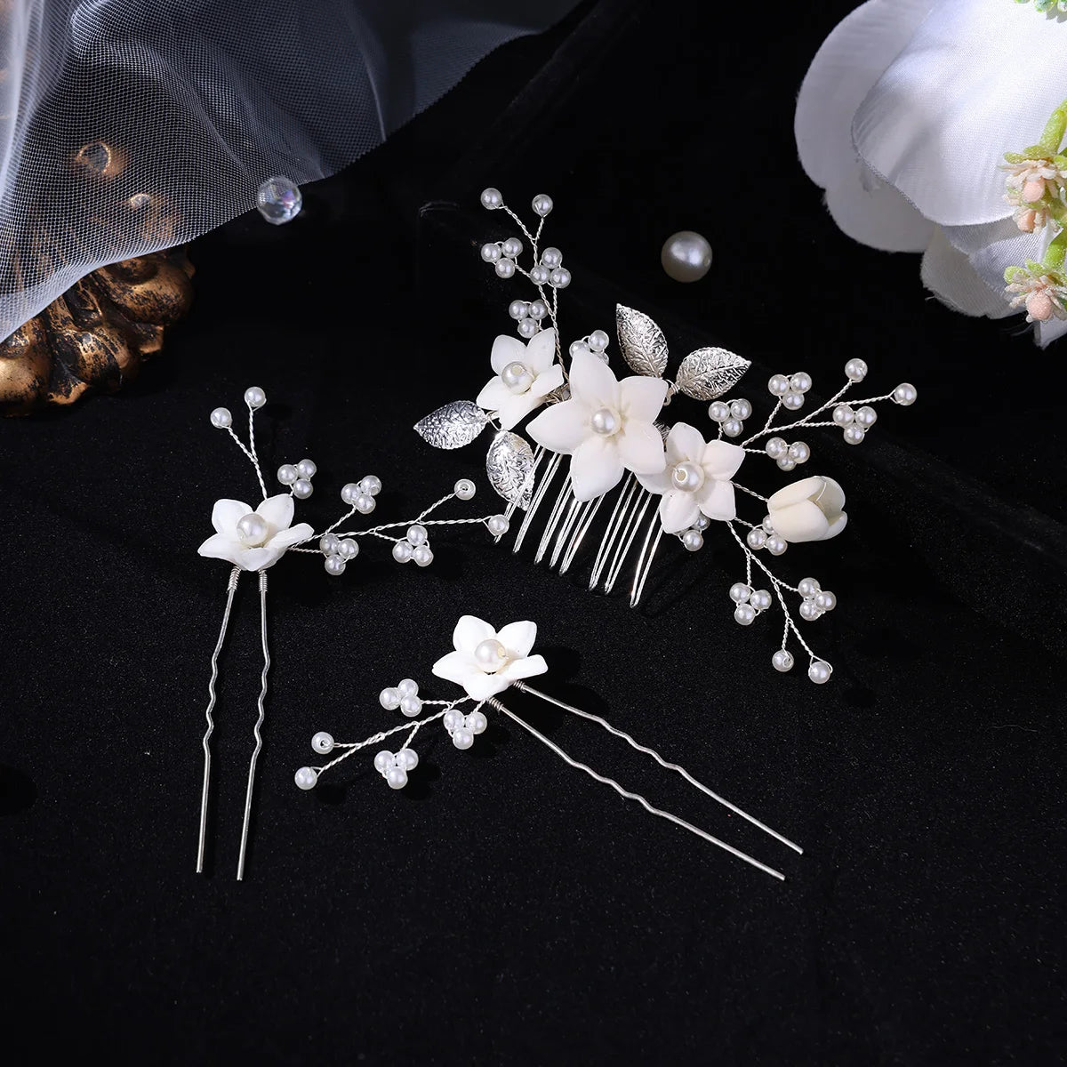 3Pcs Handmade Pearls Hair Combs Flowers Hairpins Clips Wedding Hair Accessories For Women Bride Headbands