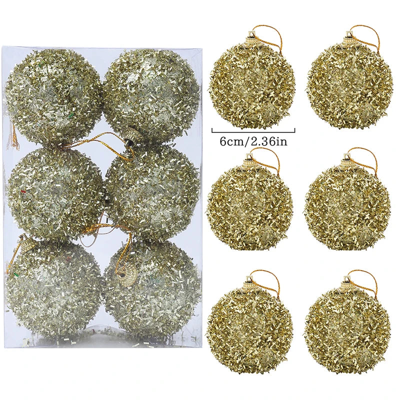 6Pcs 6cm Glitter Christmas Ball Xmas Tree Hanging Ornaments Gold Home Party Decoration Navidad New Year Holiday Gifts Set