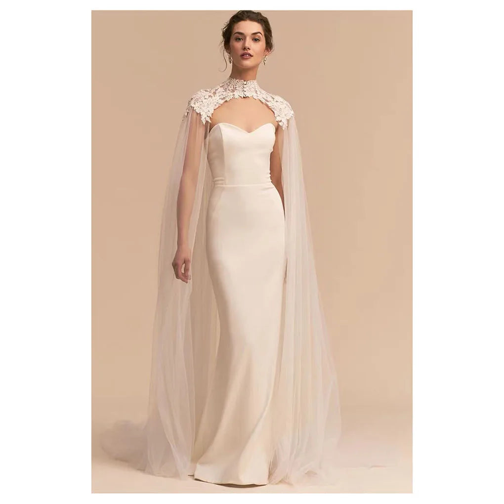 Lace Applique Wrap Shoulder Wedding Headdress Women's Standing Collar Light Luxury Wedding Dress Mesh Shawl Transparent Cape