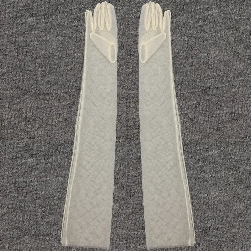 Women Long Sheer Tulle Gloves for Bridal Wedding Accessories Party Transparent Finger Gloves