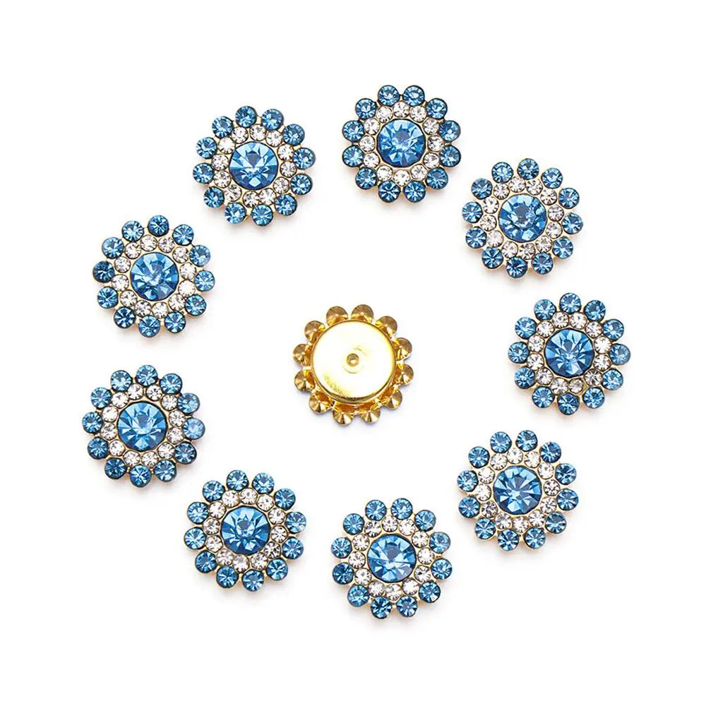 10PCS 14mm Flower-shaped Rhinestone Buttons Sparkling Crystal Glass Stone Steel Bottom Clothes Decoration Sewing Accessories