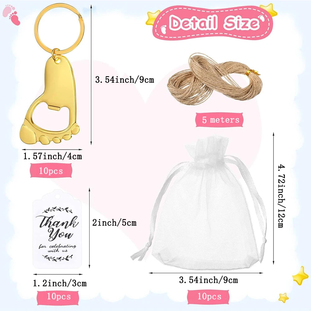 10 set baby shower gift set small foot bottle opener keychain souvenir with hard gauze bag thank you label themed party gift