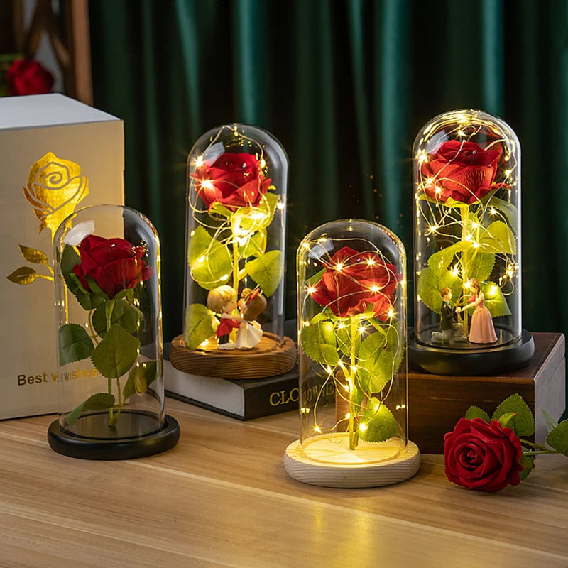 Eternal Rose Flowers Artificial Foil Flower in Glass Glow Immortal Flower LED Roses Lamp Flores Eternas Valentine's Day Gift