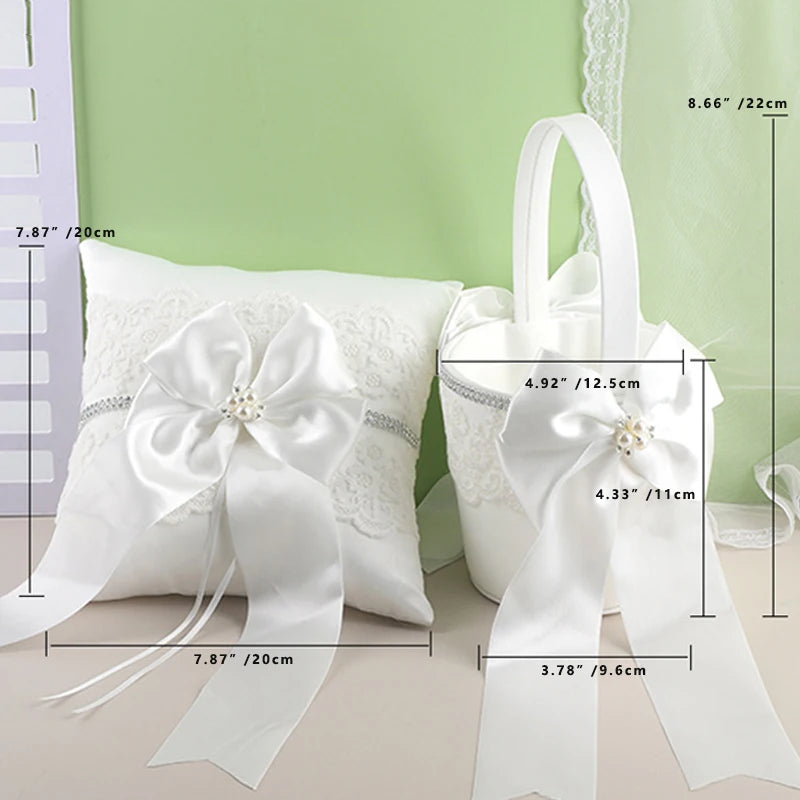 Wedding Flower Girl Basket and Ring Pillow Set Silk Ribbon Bow Flower Embroidery Pearl Decoration Party Candy Basket