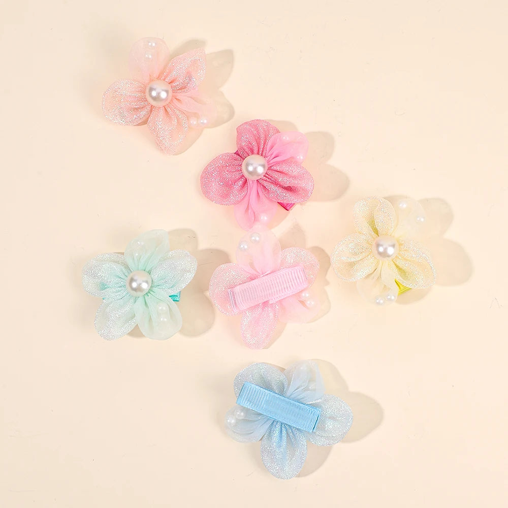 12Pcs Novelty Flower Hair Clips Sweet Pearl Filled Sparkling Rhinestone Hairpins For Girls Children's Headdress Hair Accessories