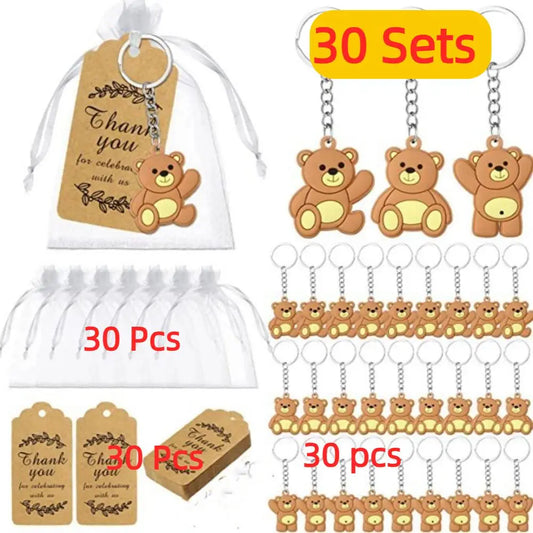 30pcs Baby Shower Souvenirs Gift Bear Keychain with Organza Bag Thank You Kraft Tag for Guests Girl Boy Birthday Party Supply