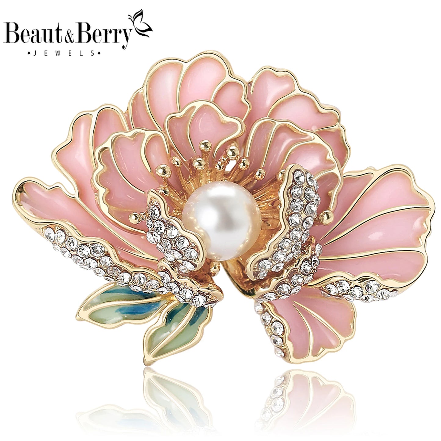Beaut&Berry Elegant Pearl Peony Flower Brooches for Women Rhinestone Plant Pin Luxury Banquet Wedding Jewelry Friends Gifts