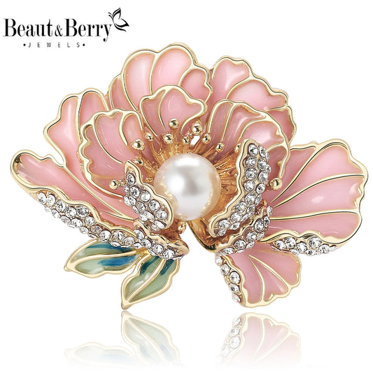 Beaut&Berry Elegant Pearl Peony Flower Brooches for Women Rhinestone Plant Pin Luxury Banquet Wedding Jewelry Friends Gifts
