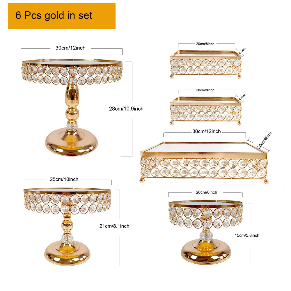 6Pcs-9PcsCake Stand Set with Crystal Beaded Mirror Metal Dessert Table Display Stands Cupcake Holder for Birthday Party Festival