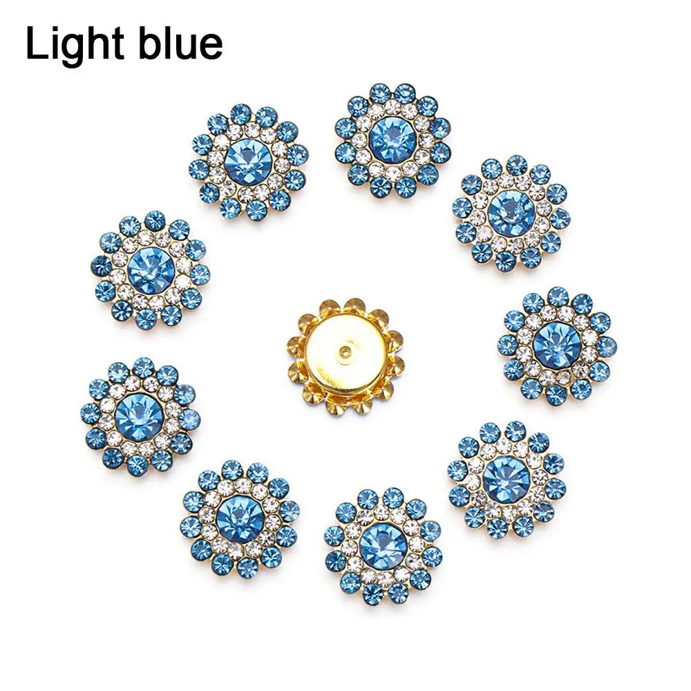 10PCS 14mm Flower-shaped Rhinestone Buttons Sparkling Crystal Glass Stone Steel Bottom Clothes Decoration Sewing Accessories